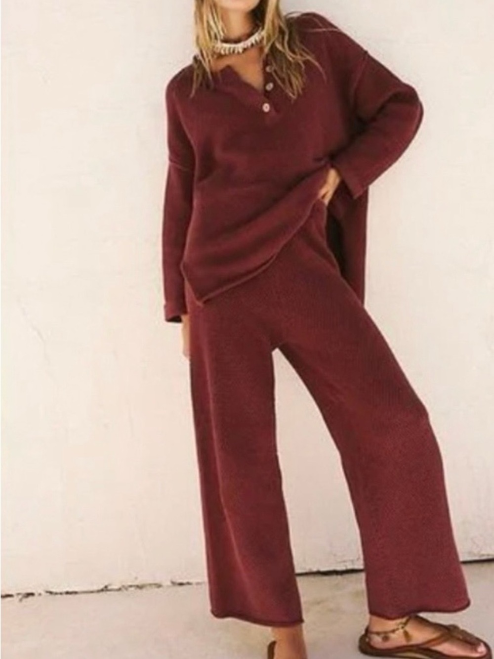 Women's Wide-Leg Knit Pants Set in Deep Burgundy
